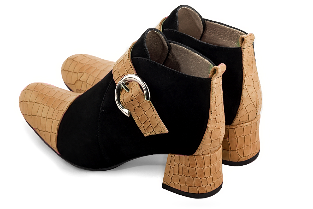 Camel beige and matt black women's ankle boots with buckles at the front. Round toe. Low flare heels. Rear view - Florence KOOIJMAN